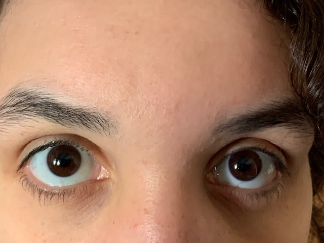 Nahaufnahme der Augen einer Person mit Fokus auf der dunkelbraunen Iris und den Details um die Augenpartie, einschließlich Augenbrauen und Hautstruktur.