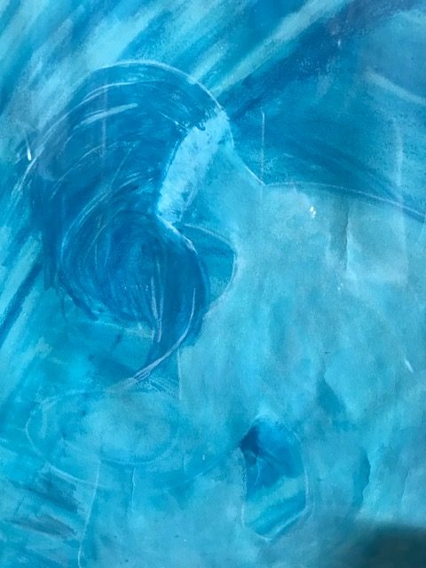 Ein abstraktes Gemälde in Blautönen mit Wirbeln und Pinselstrichen, die ein Gefühl von Bewegung und Tiefe erzeugen.
